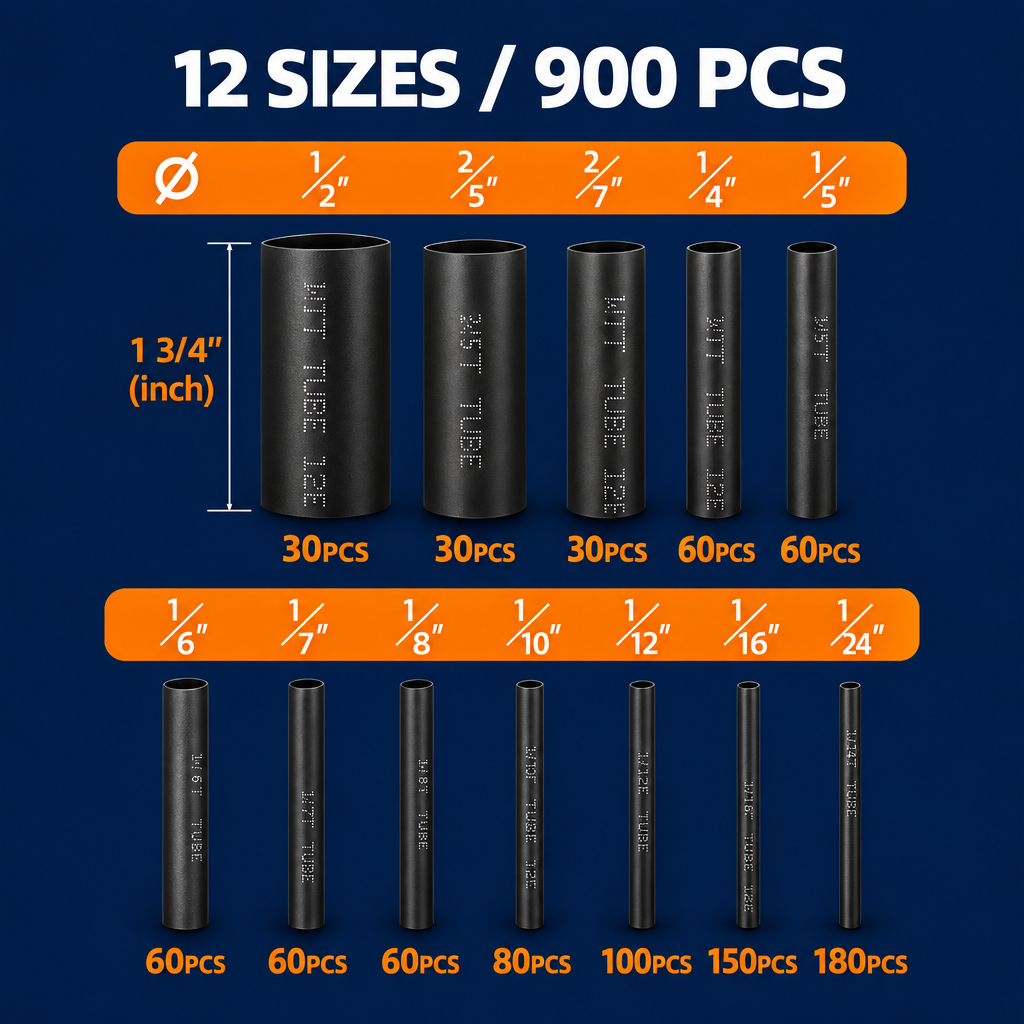 900 PCS Black Heat Shrink Tubing Kit - 12 Sizes Assorted Wire Cable Insulation Sleeving in Storage Case