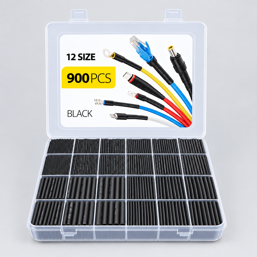 900 PCS Black Heat Shrink Tubing Kit - 12 Sizes Assorted Wire Cable Insulation Sleeving in Storage Case