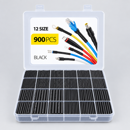 900 PCS Black Heat Shrink Tubing Kit - 12 Sizes Assorted Wire Cable Insulation Sleeving in Storage Case