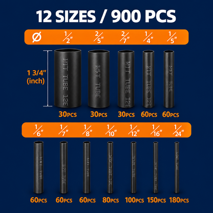 900 PCS Black Heat Shrink Tubing Kit - 12 Sizes Assorted Wire Cable Insulation Sleeving in Storage Case