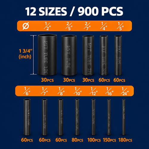 900 PCS Black Heat Shrink Tubing Kit - 12 Sizes Assorted Wire Cable Insulation Sleeving in Storage Case
