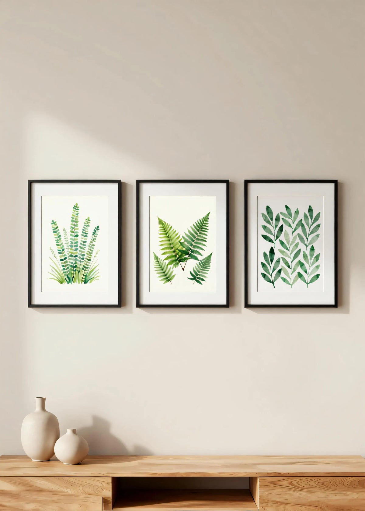 Framed Botanical Prints – Set of 3 Black A3 Wall Art | Botanical Gallery Wall | Green Nature Artwork | Ready to Hang