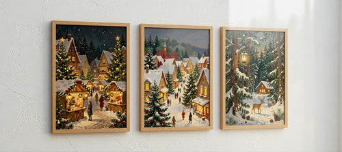 Framed Set of 3 Christmas Village Art Prints | A3 | Cozy Winter Wonderland Wall Art